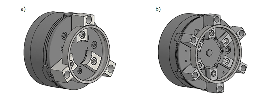 (a) 3-Jaw Chuck NCD 255 b) 6-Jaw Chuck NCR 250  |  3조 척과 6조 척 구성 비교 ⓒ Patalas, A., Regus, M., & Peta, K. (2018), MATEC Web of Conferences, 244, 02010. CC BY 4.0.