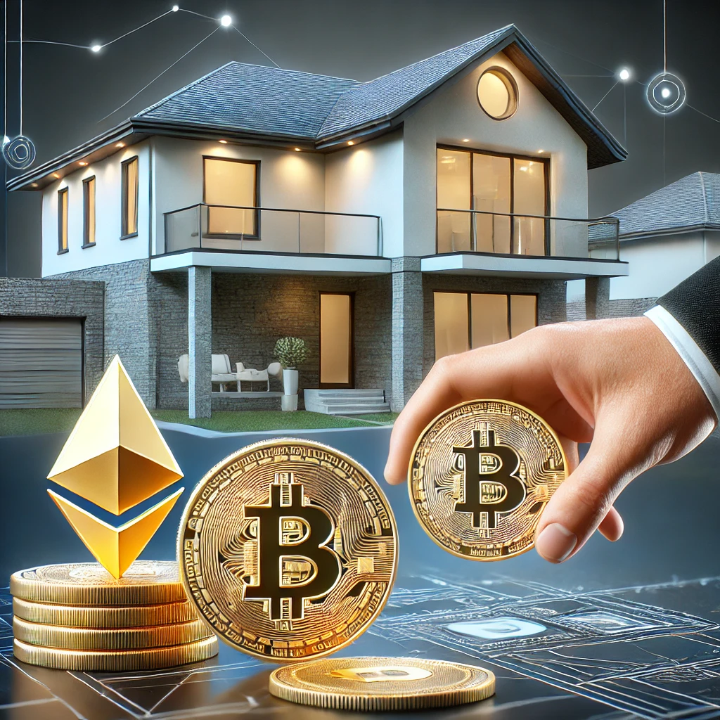 Stacks of Bitcoin and Ethereum being used to buy a home