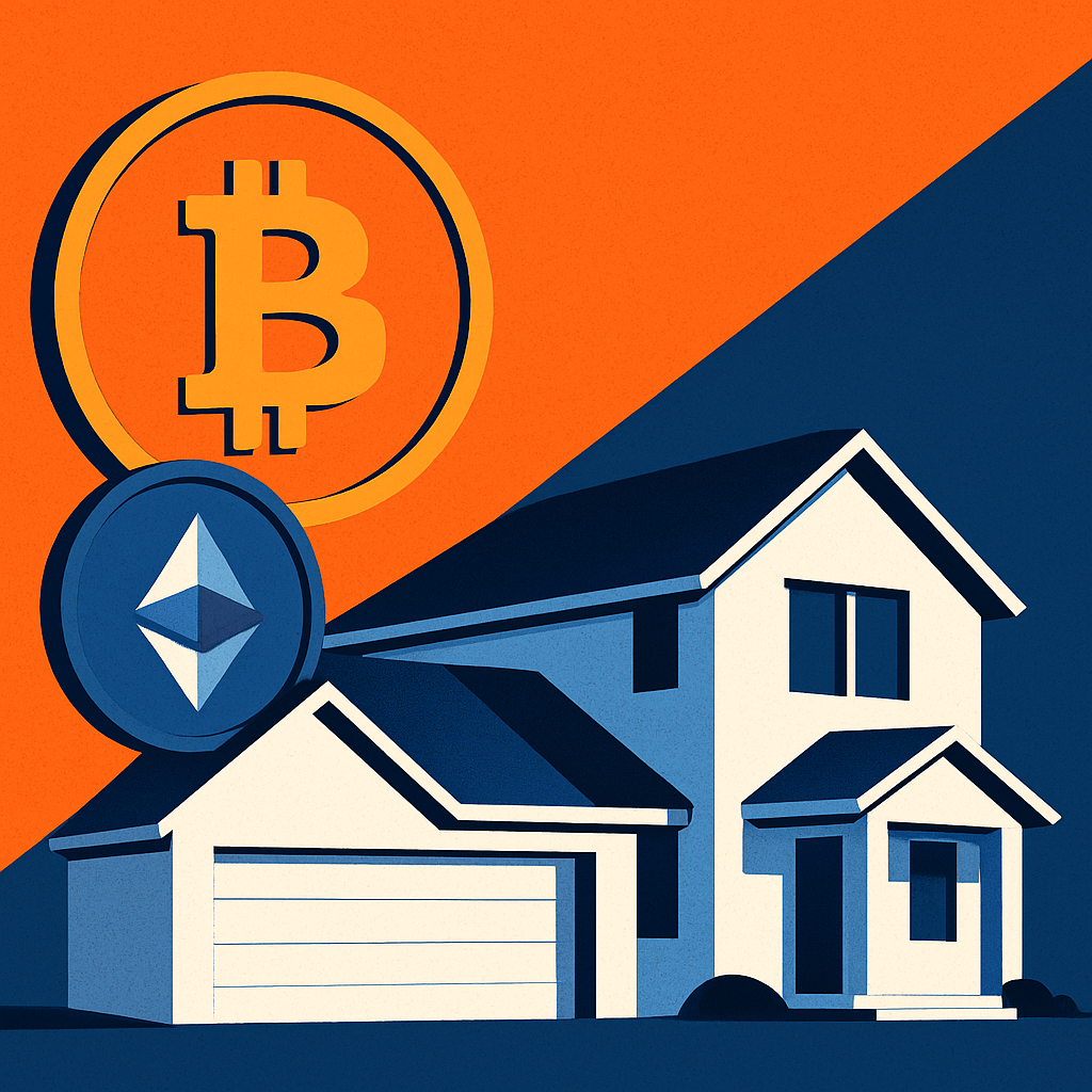 A suburban home paired with BTC and ETH logos - indicating a merge of the two powerful asset classes