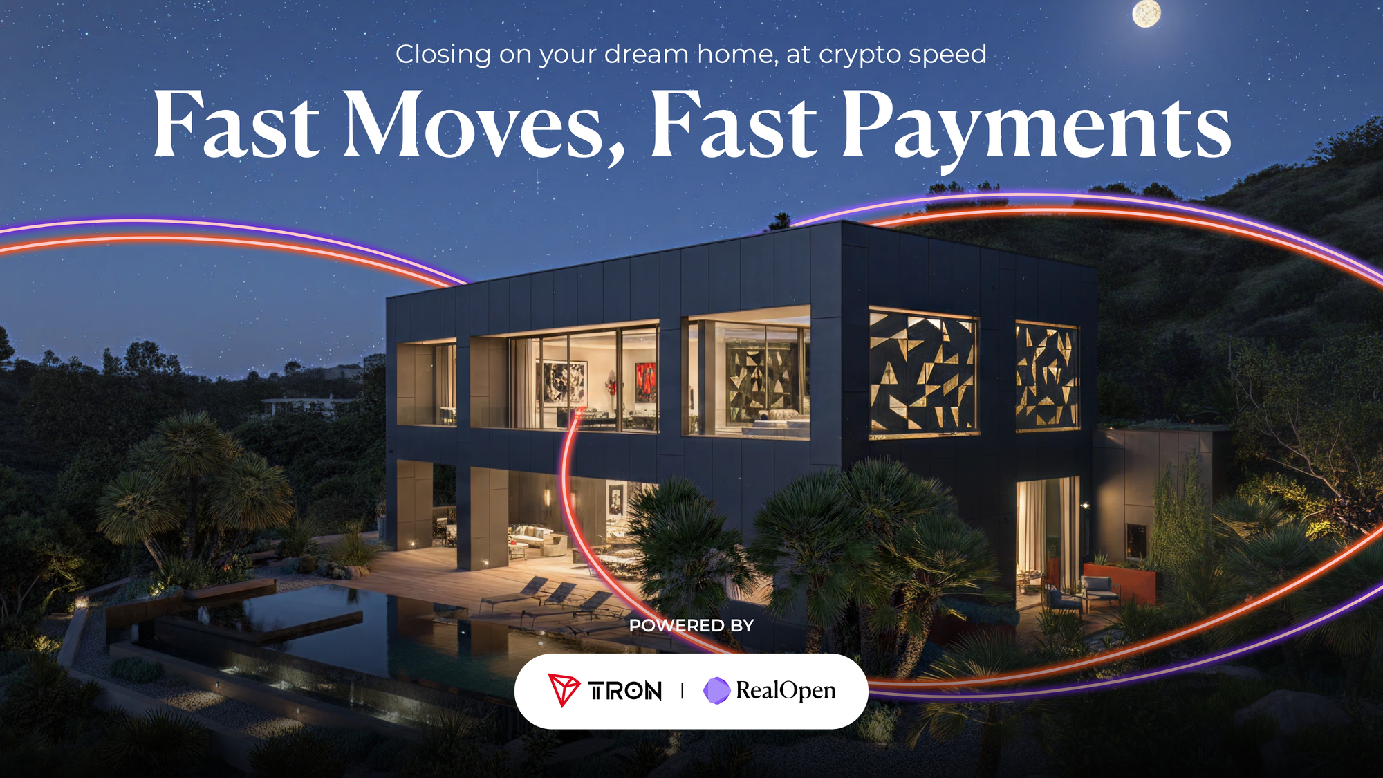 Fast Moves, Fast Payments graphic showing the TRON x RealOpen Holiday Campaig