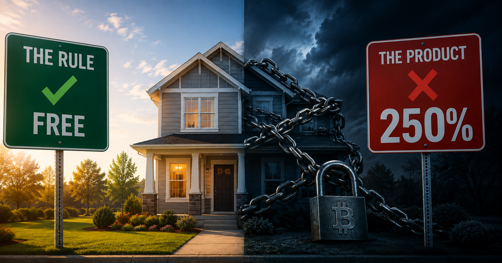 Split scene: a suburban house half in morning light, half in storm darkness and wrapped in heavy chains with a Bitcoin-engraved padlock. A green sign on the bright side reads "The Rule — Free