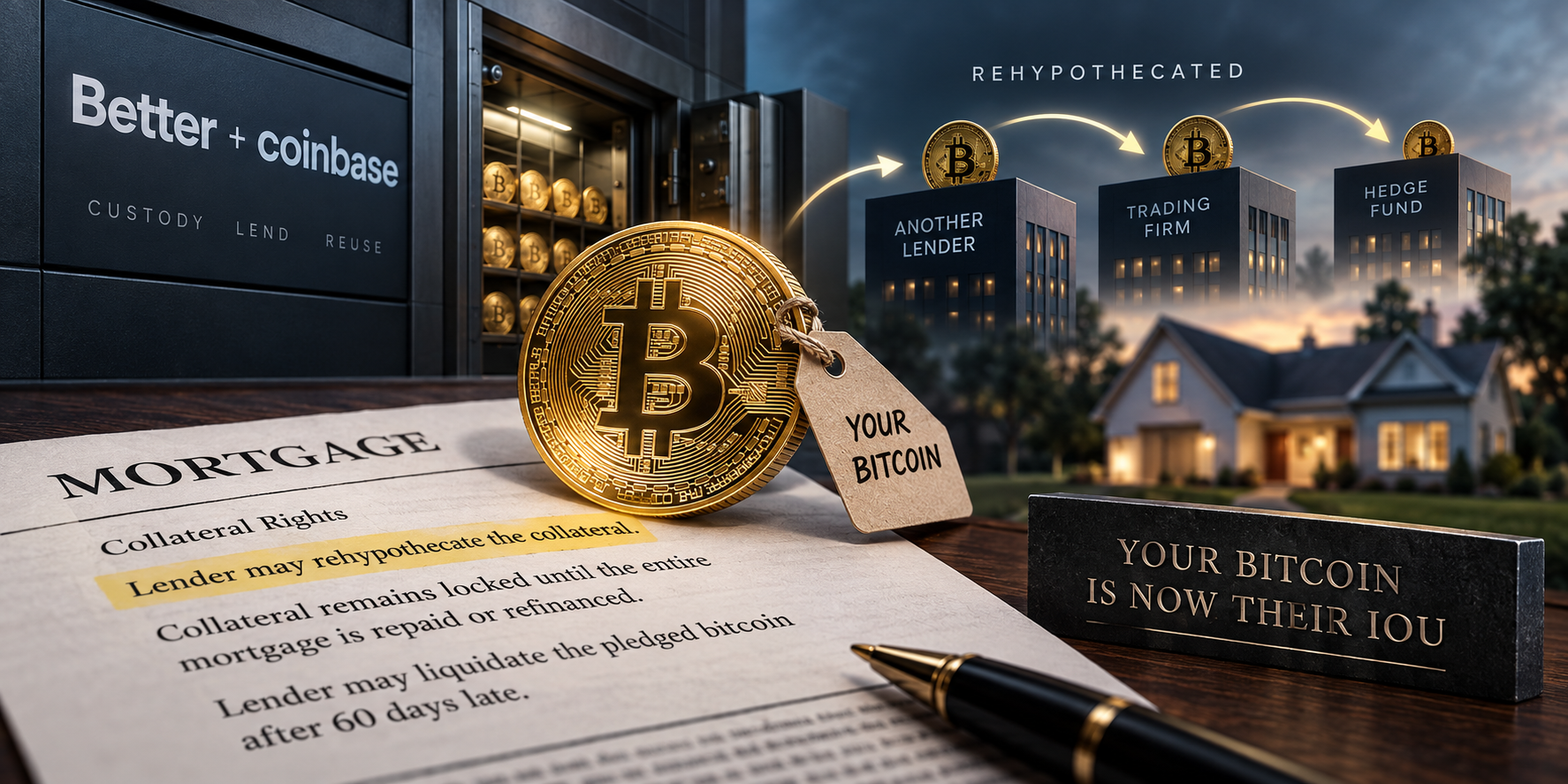 llustration: a bitcoin tagged "your bitcoin" on a mortgage contract whose collateral clause reads "lender may rehypothecate the collateral," with arrows passing the coin from a custody vault
