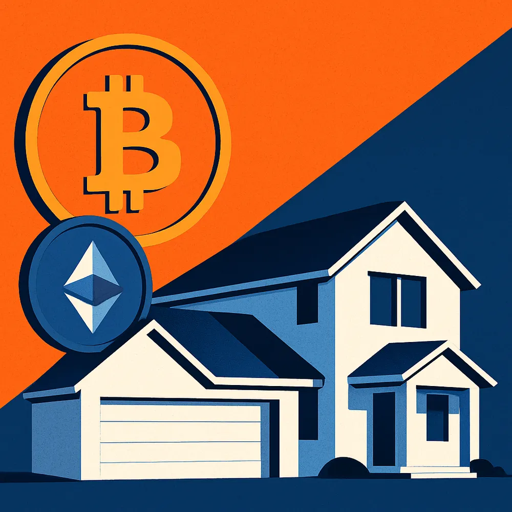 A suburban home paired with BTC and ETH logos - indicating a merge of the two powerful asset classes