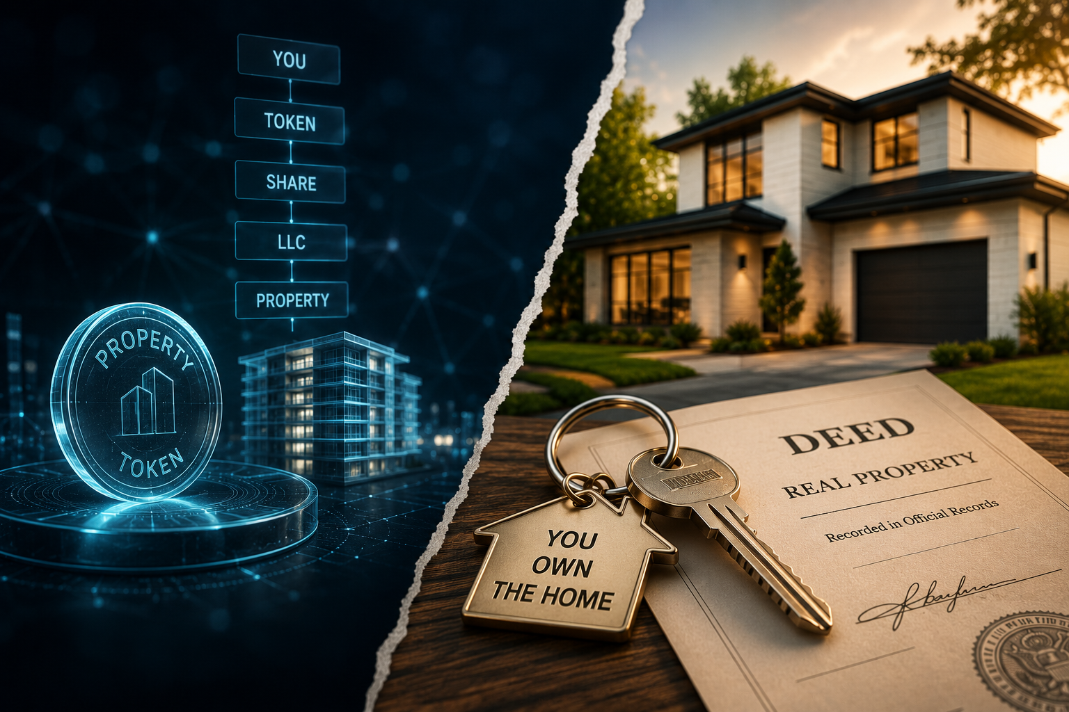 Split image: on one side, a glowing digital property token above a diagram showing the ownership chain from you through token, share, and LLC to the property; on the other, house keys and a r