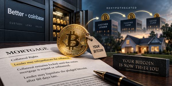llustration: a bitcoin tagged "your bitcoin" on a mortgage contract whose collateral clause reads "lender may rehypothecate the collateral," with arrows passing the coin from a custody vault 