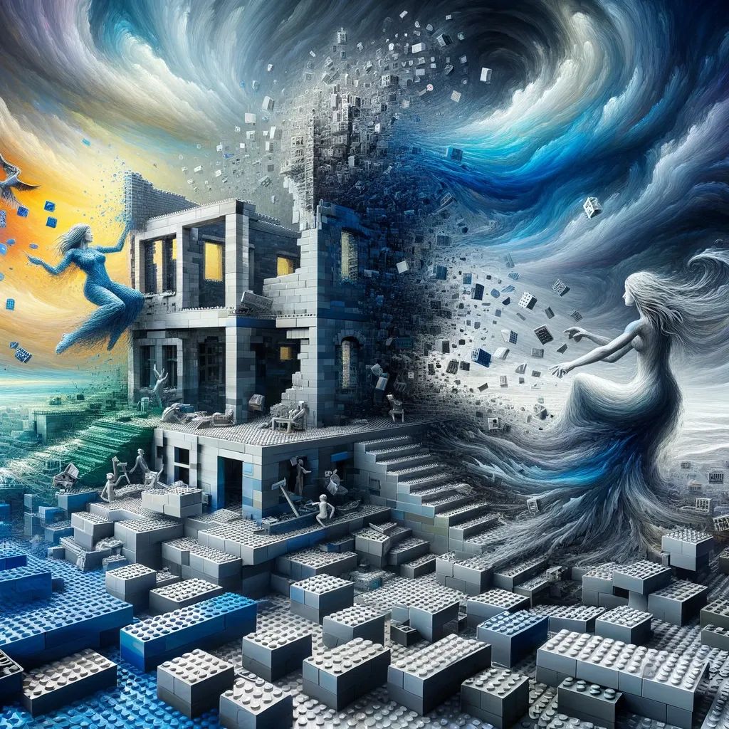 Female building and deconstructing a Lego House - created by Dall-E