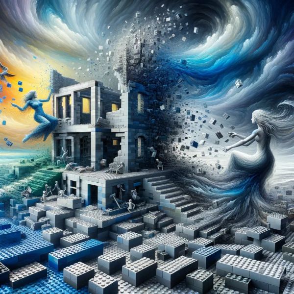 Female building and deconstructing a Lego House - created by Dall-E