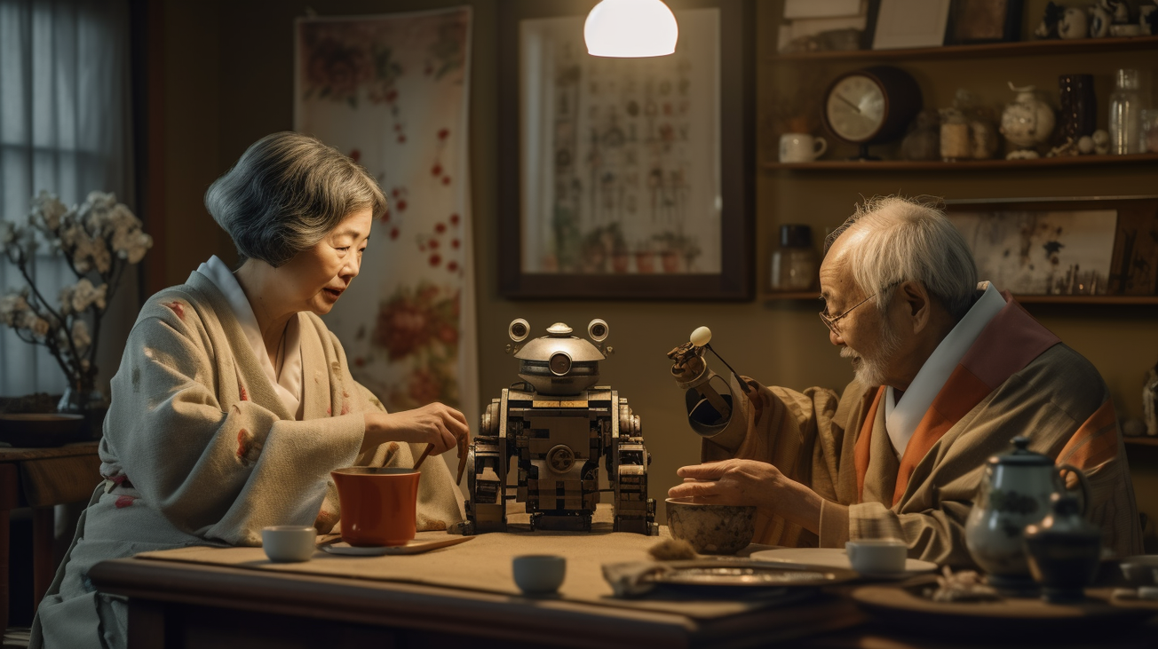 Robot helping elderly Japanese with tea ceremony