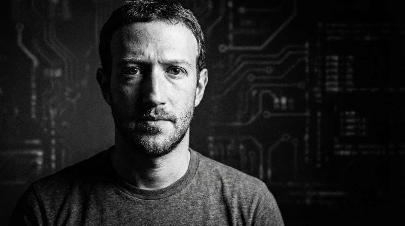 Mark Zuckerberg portrait in noir style with circuit board background