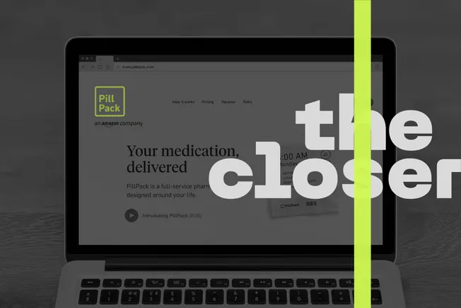 PillPack website on a laptop, with The Closer logo
