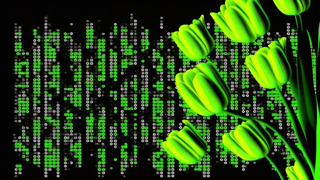 Green digital code beside glowing green tulips