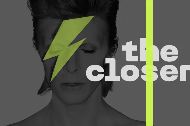 David Bowie with a lightning bolt across his face, with The Closer logo
