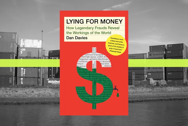 Dan Davies' book Lying for Money in front of a container port