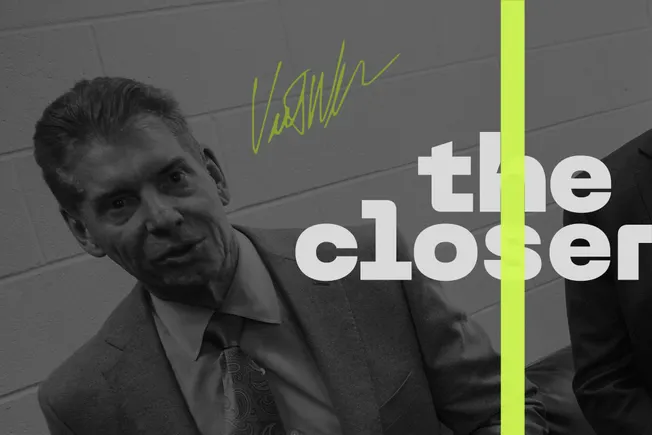 Vince McMahon in black and white next to The Closer logo