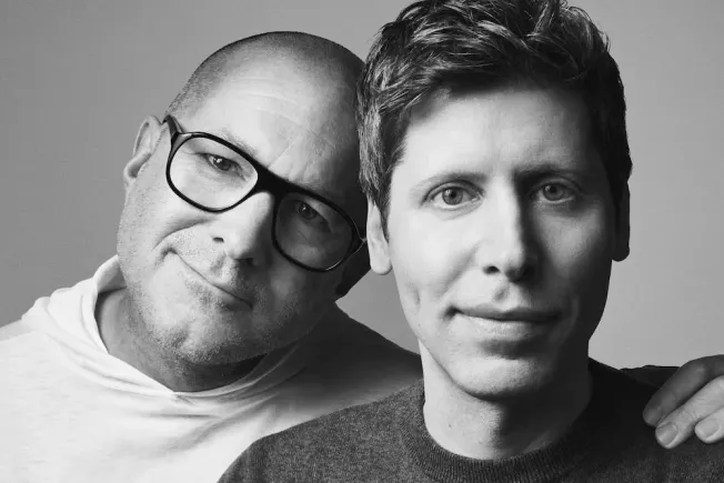Black-and-white portrait of Jony Ive and Sam Altman