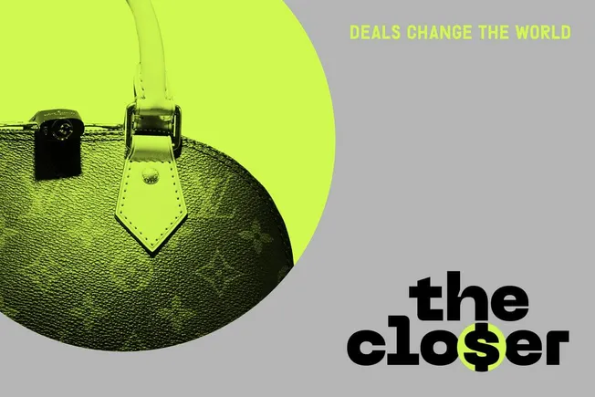 Louis Vuitton monogram handbag with The Closer logo and Deals Change the World
