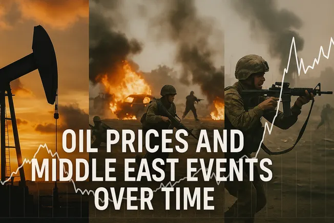 Oil pumpjack, fires and soldiers under the headline Oil Prices and Middle East Events Over Time