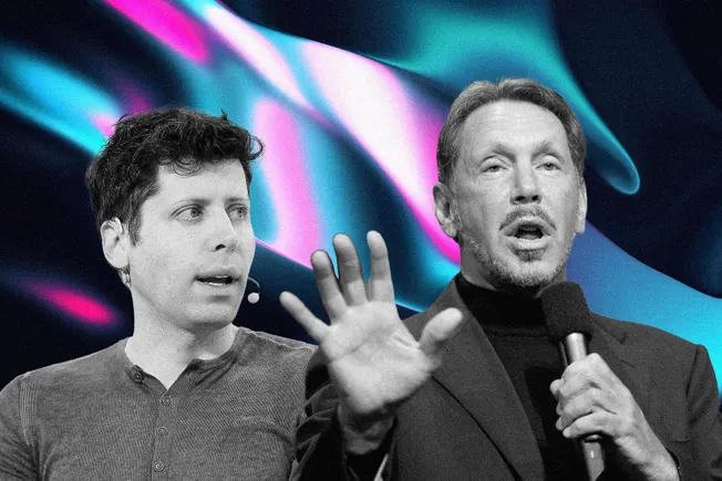 Sam Altman and Larry Ellison on stage against a neon background