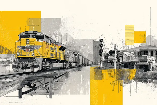 Collage of a yellow freight locomotive and an old steam train on rail tracks