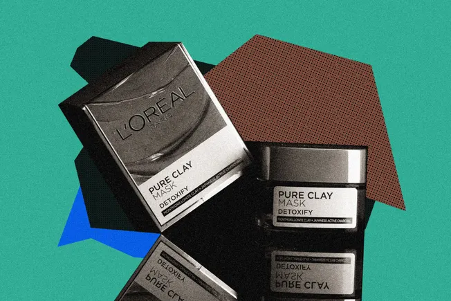 L'Oréal Pure Clay face mask jars on a teal and brown collage background