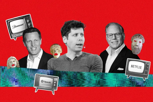 Collage of David Ellison, Sam Altman and David Zaslav with old TV sets showing the Paramount, Netflix and OpenAI logos