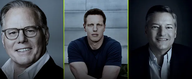 Portraits of David Zaslav, David Ellison and Ted Sarandos side by side