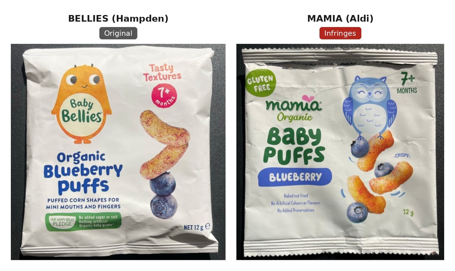 BELLIES Organic Blueberry Puffs packet next to the MAMIA Baby Puffs Blueberry packet, both with a white background, a cartoon character with a cream belly, and photos of puffs and blueberries on the right