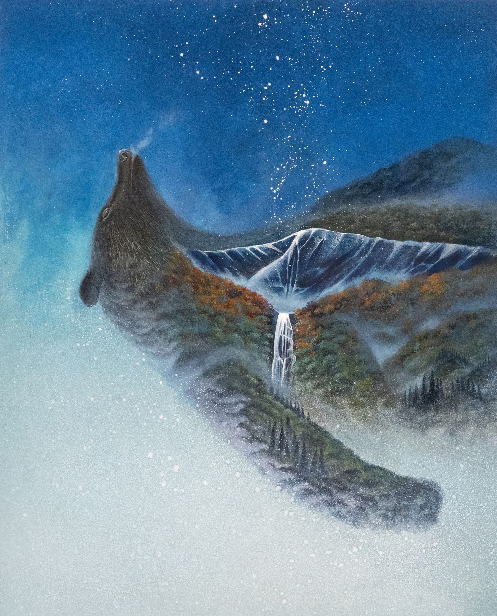 in this ethereal painting, a forest is formed from the blood of a dead bear