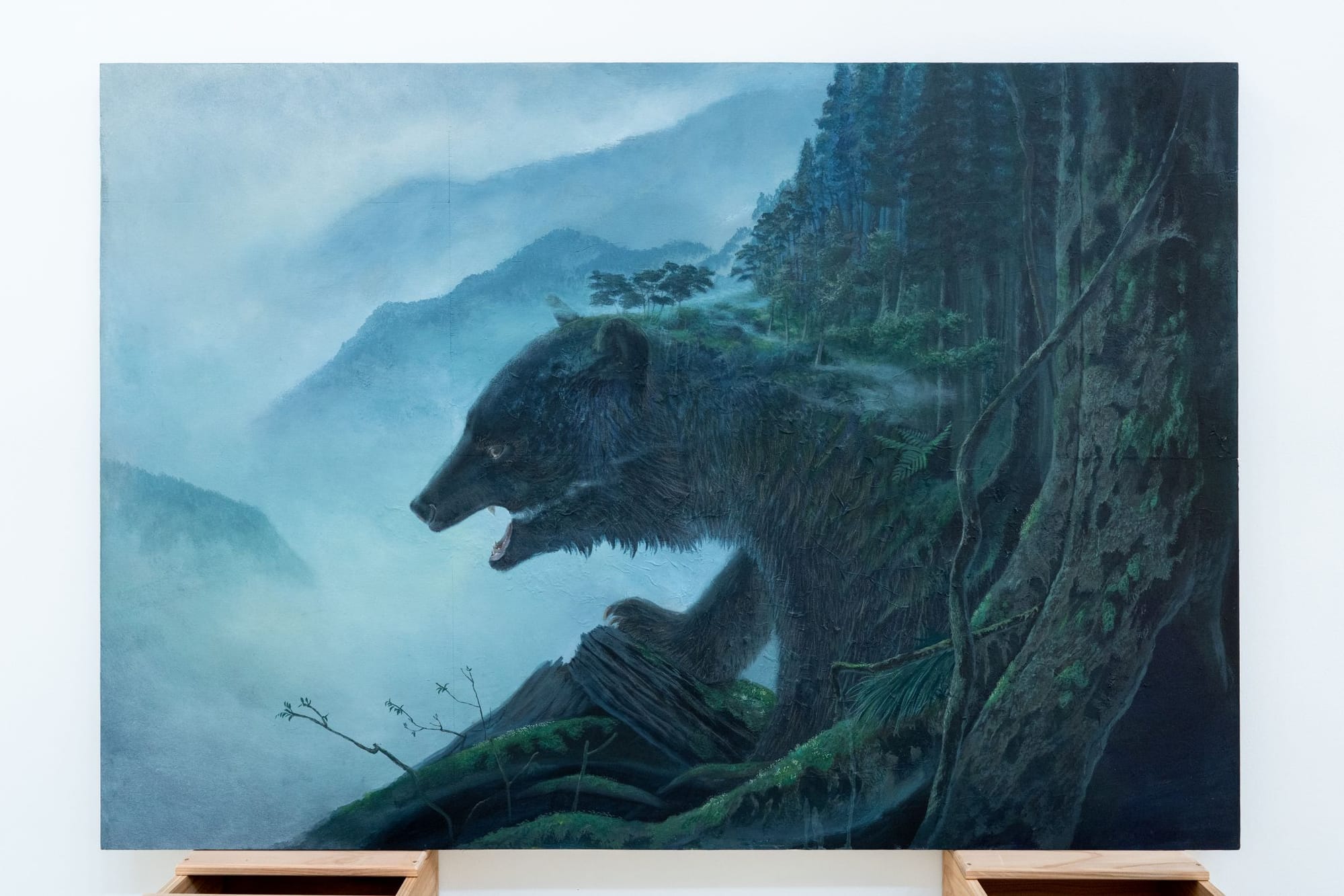 a painting of a wild boar coming out of a mountain tree