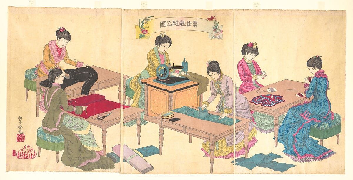 a painting of six japanese seamstresses hard at work sewing, cutting, steaming and threading. 