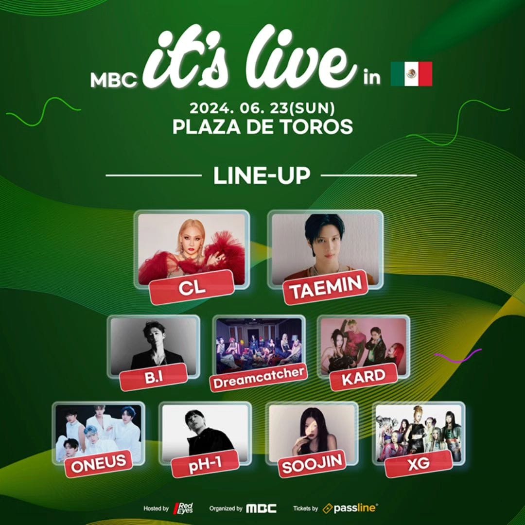 Green background poster announcing MBC it's Live in Mexico with Dreamcatcher as a part of a 9 artist lineup.
