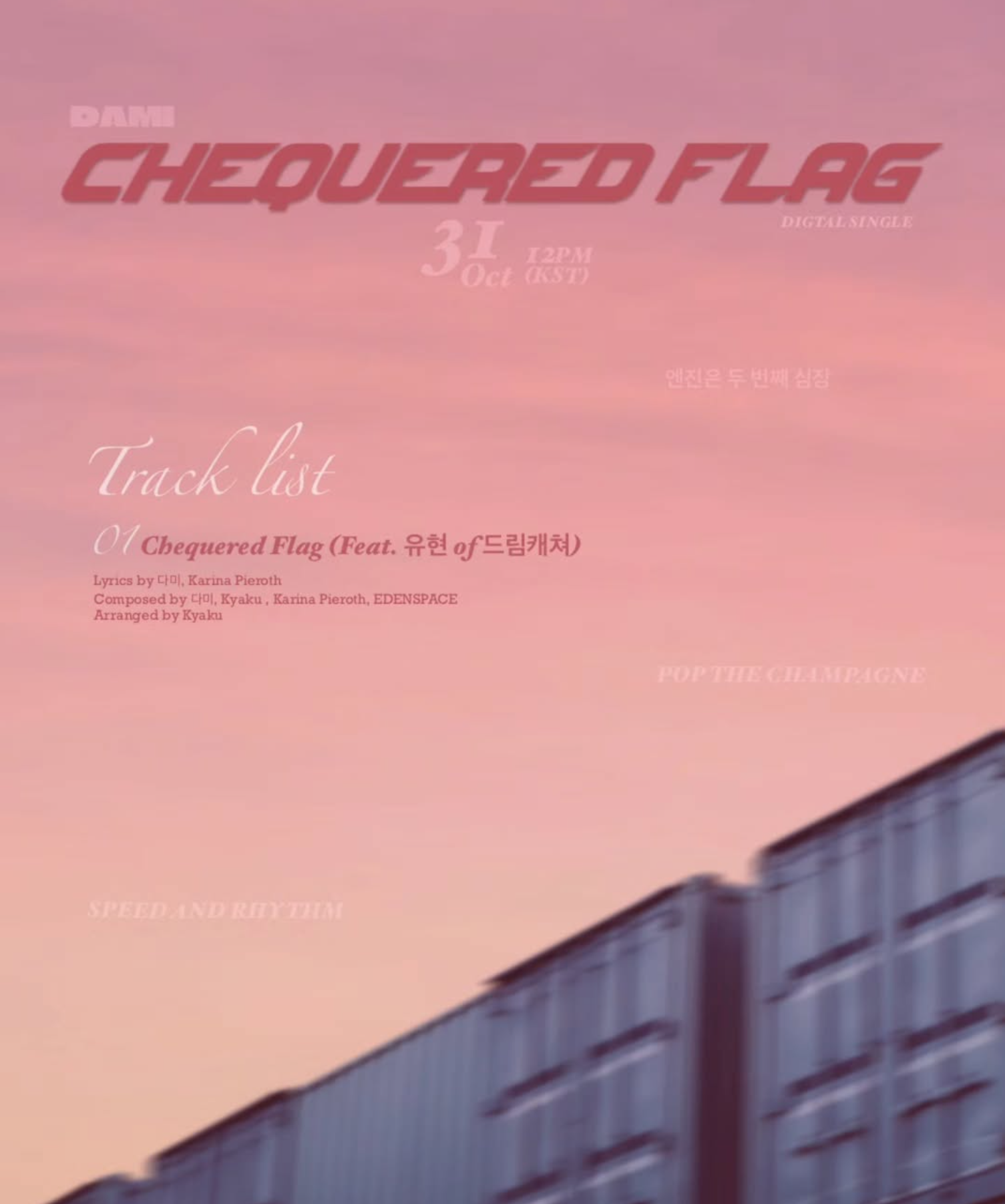 Track list reading "Chequered Flag" with song credits on an orange sky background with packing crates.