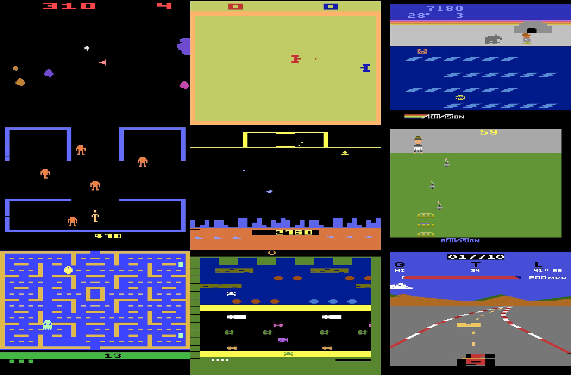 A 3 x 3 grid of different Atari games over the years.