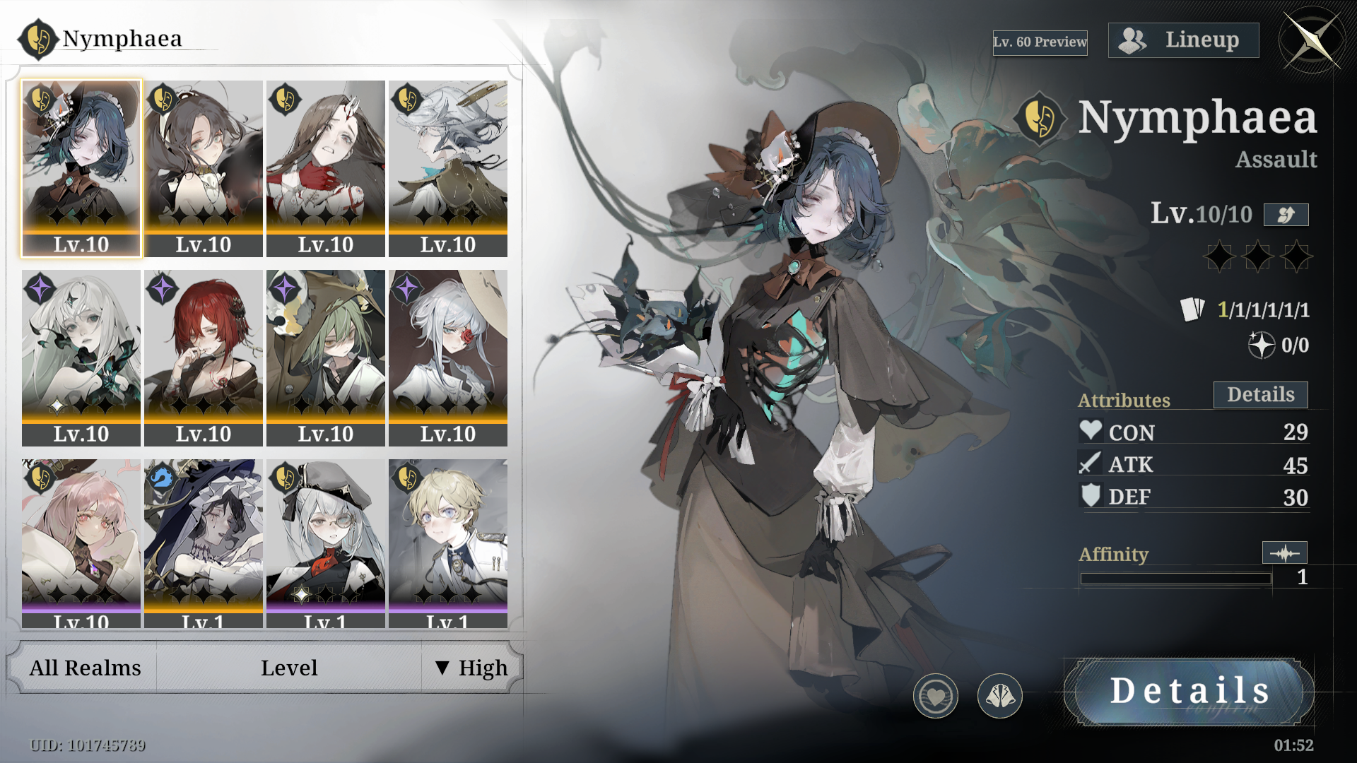 Lineup for Morimens featuring Nymphaea on the right, in a brown dress, dark hair and black bouquet of flowers.