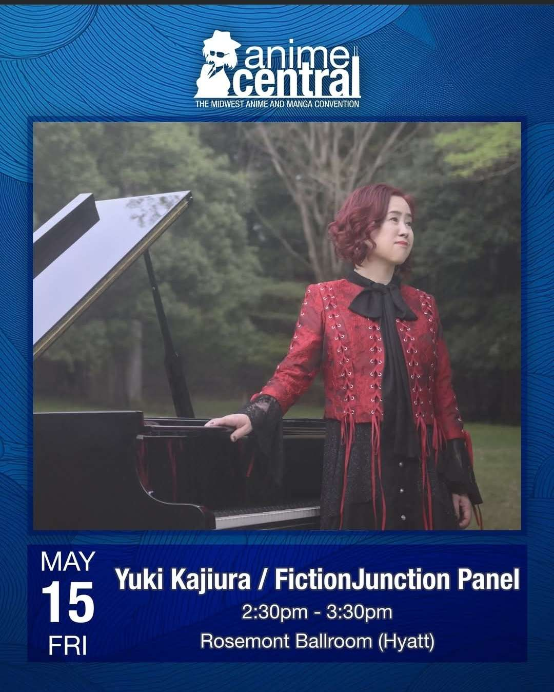 Picture of Yuki Kajiura next to a piano with information about hers and FictionJunction's panel at Anime Central 2026