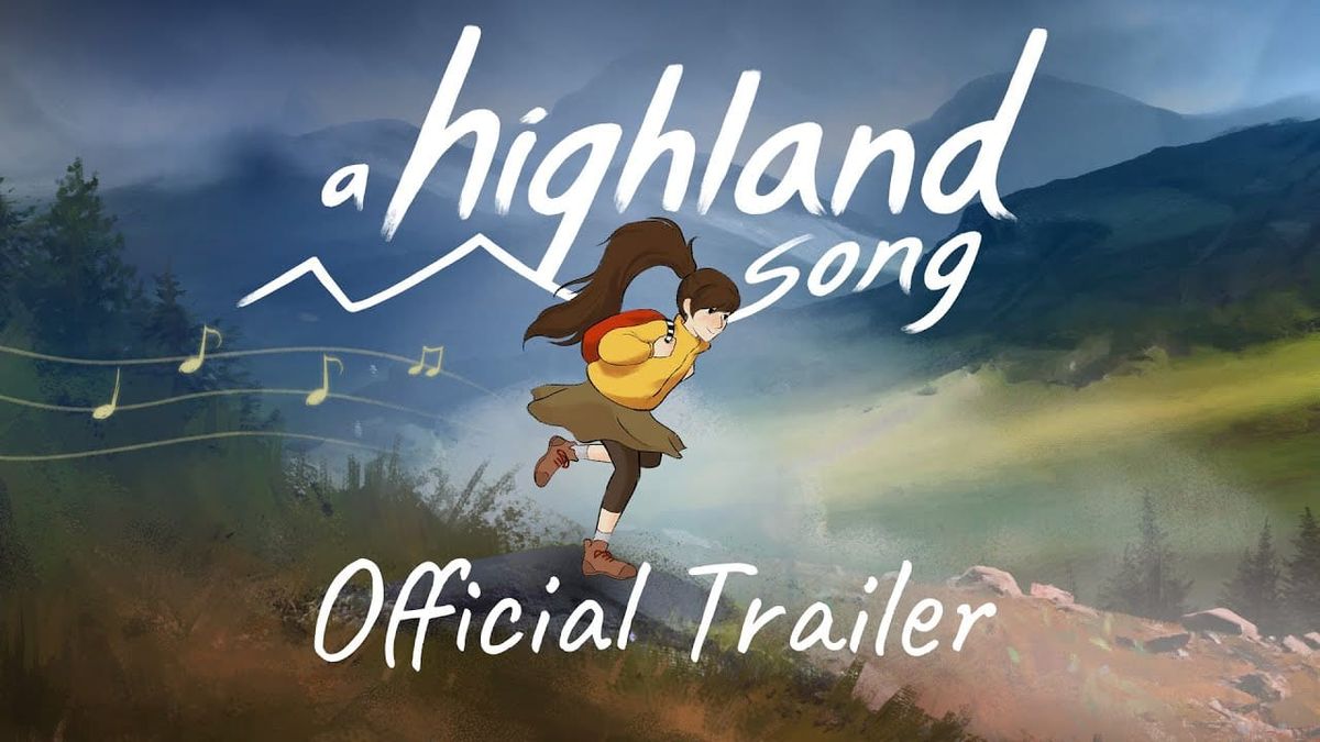 Trailer screenshot for A Highland Song, featuring main character Moira in traveling clothes running to music.