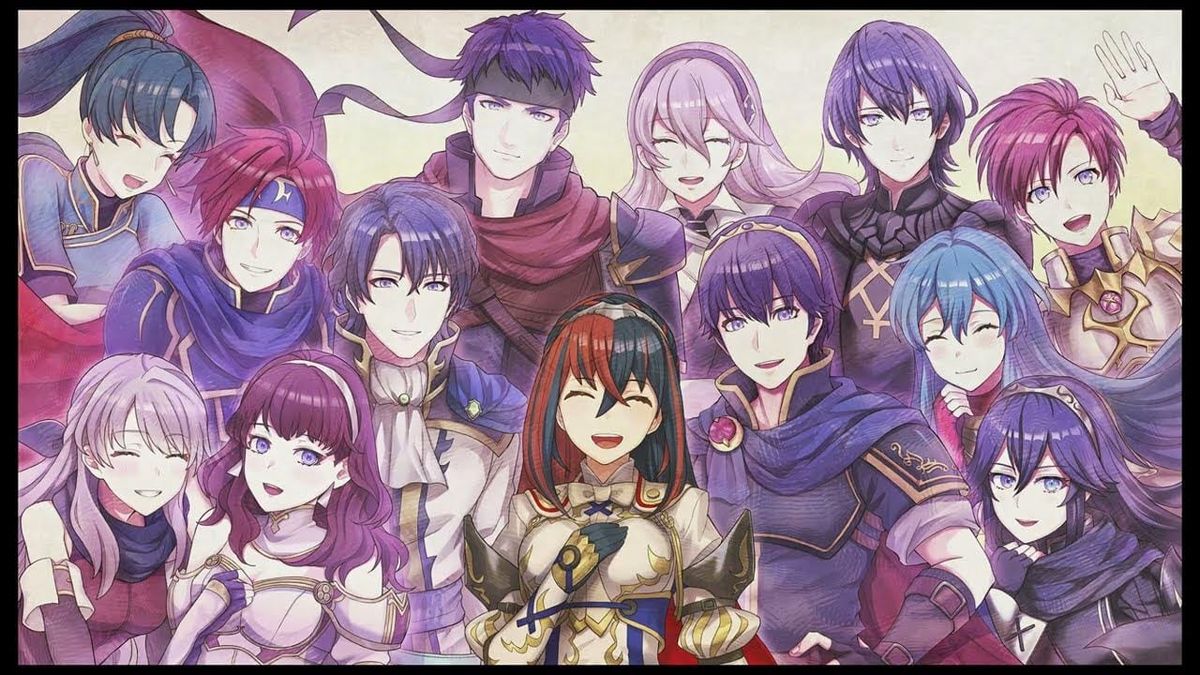 Anime-style shot of some of Fire Emblem's protagonists, smiling for the audience.