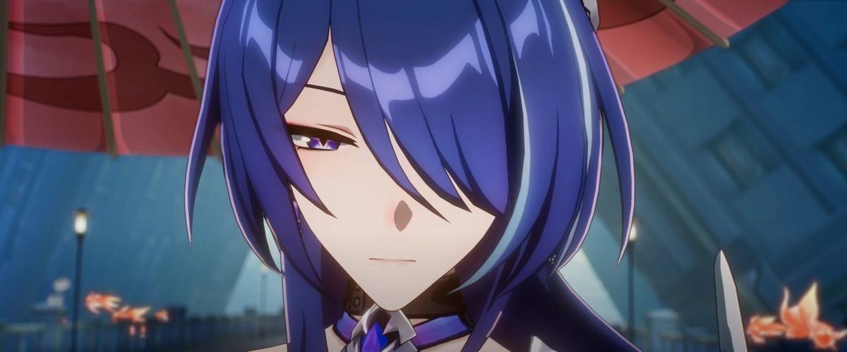 Acheron from Honkai Star Rail, looking into the camera with dark blue hair and a red umbrella.