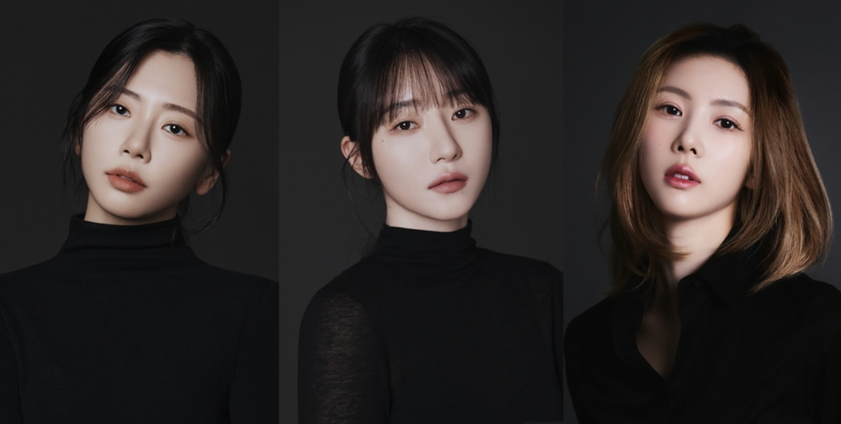 Dreamcatcher JiU, SuA, and Yoohyeon, dressed in black, in photo headshots.
