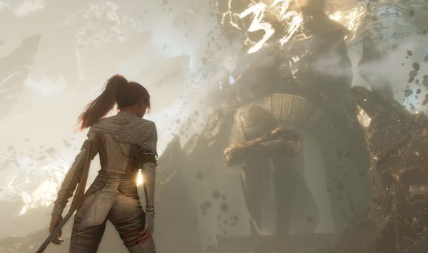 Maelle, a red-haired girl dressed in white, looks at the monolith with "33" written on it and the figure of the Paintress asleep.