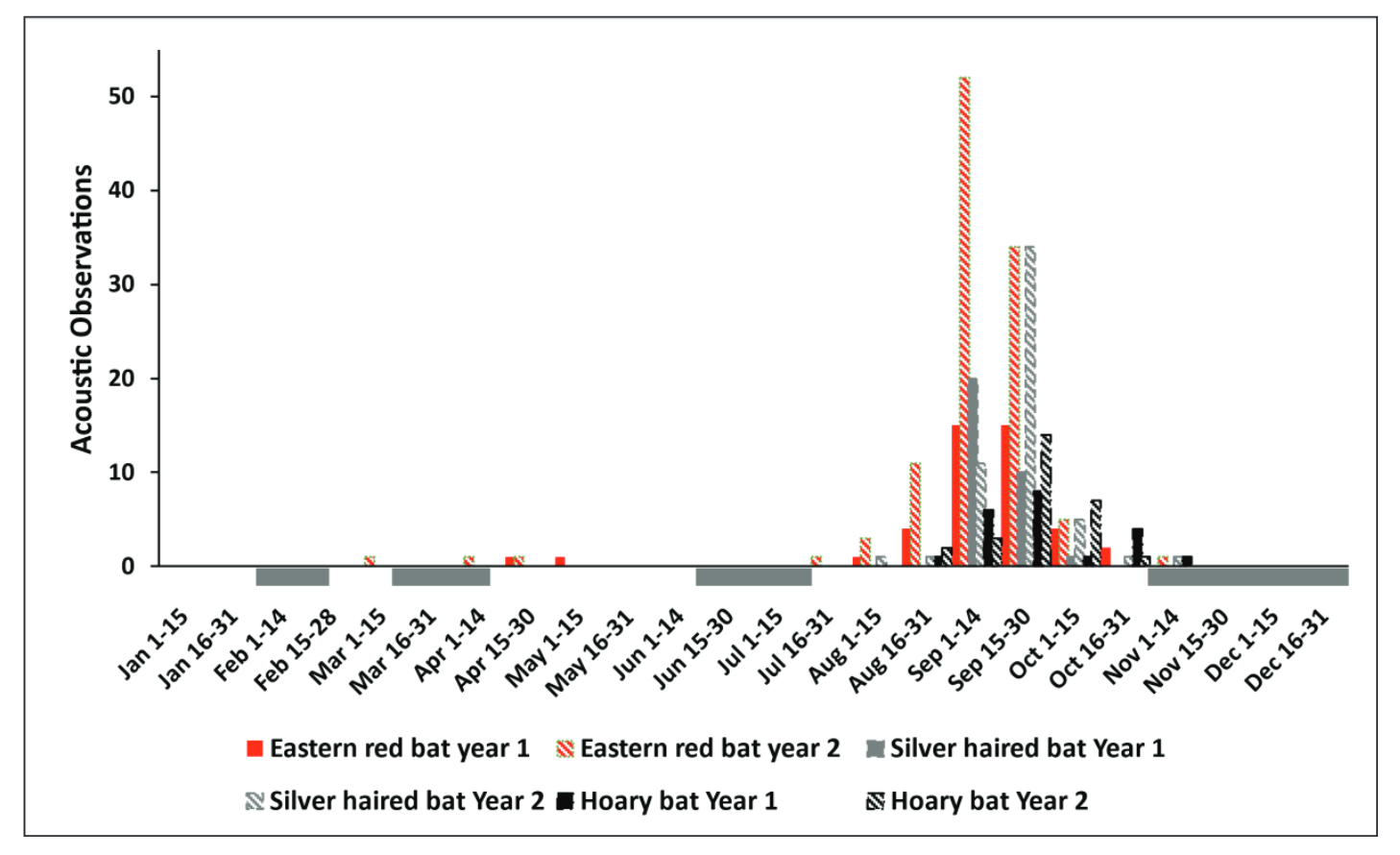 Figure 2. Annual activity by bat species across the two year study period at the Coastal Virginia Offshore Wind Pilot Project. / Credit: Amichai et al. 2025 Figure 2. Annual activity by bat species across the two-year study period at the Coastal Virginia Offshore Wind Pilot Project. / Credit: Amichai et al. 2025