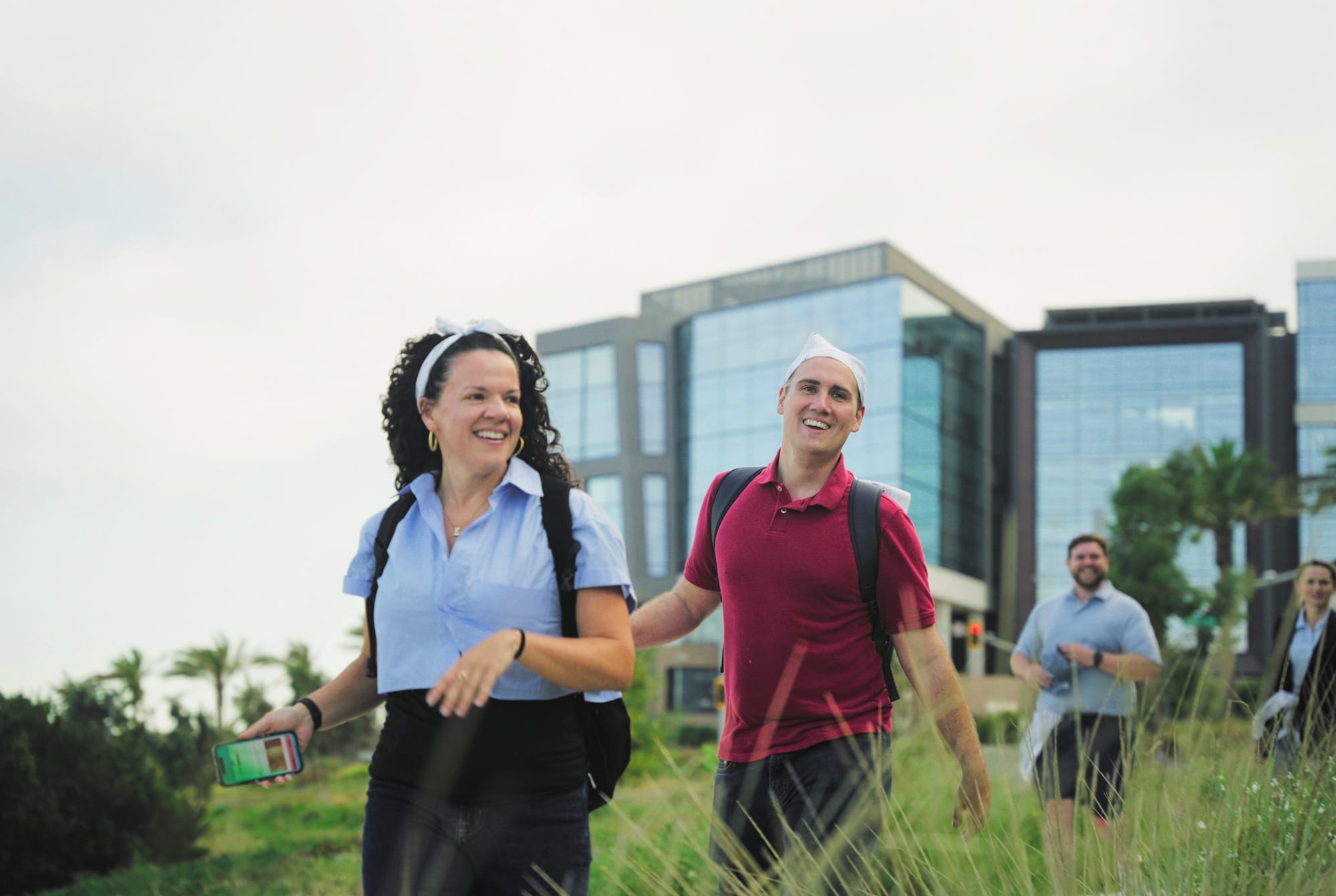 Stripe team exploring campus during pirate adventure scavenger hunt.