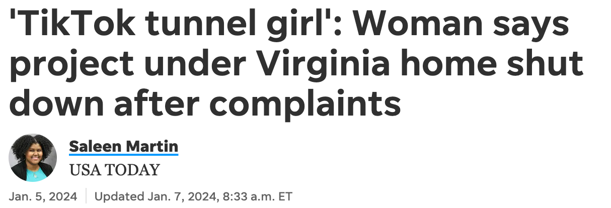'TikTok tunnel girl': Woman says project under Virginia home shut down after complaints
