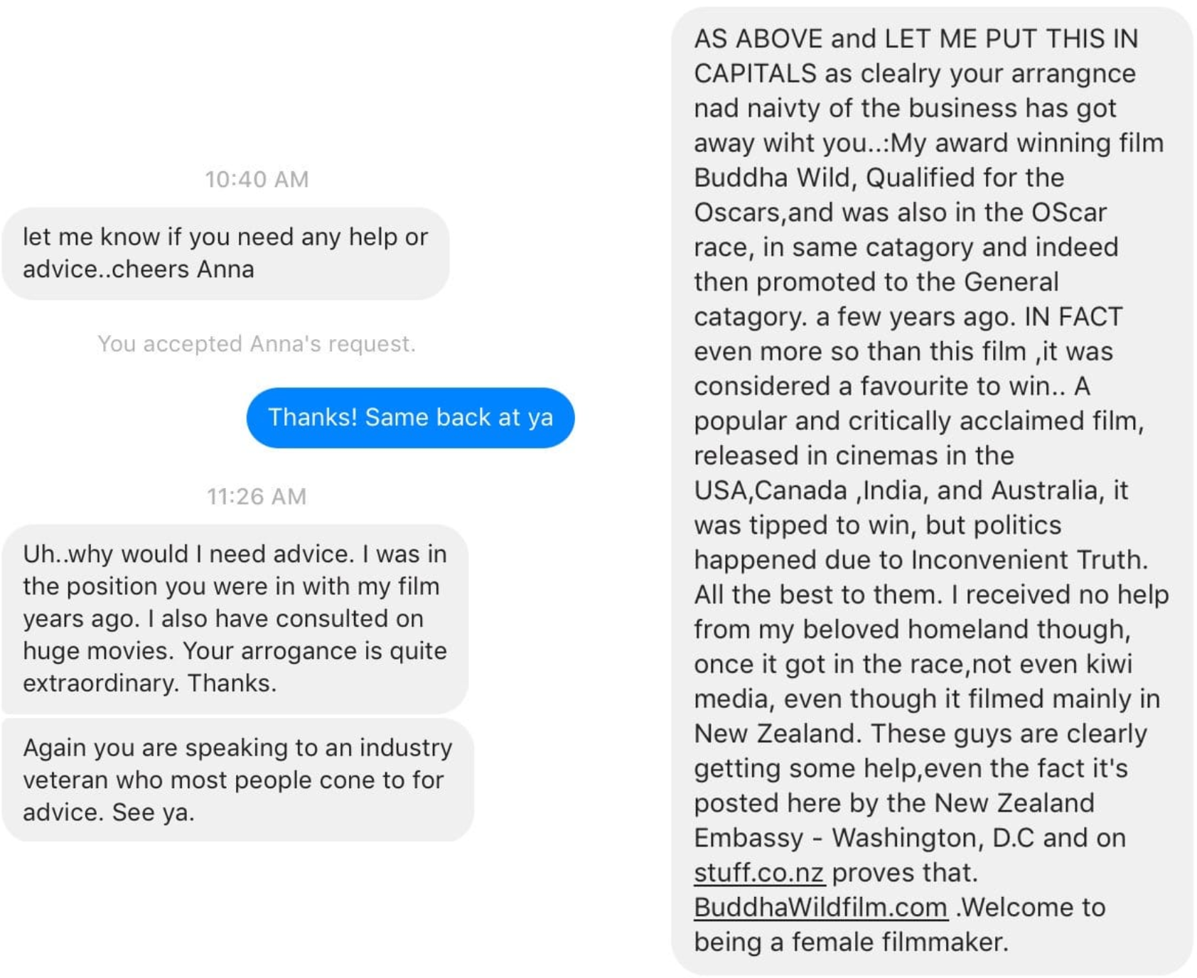 Anna listing all her achievements and telling me off for daring to offer my advice to her in return