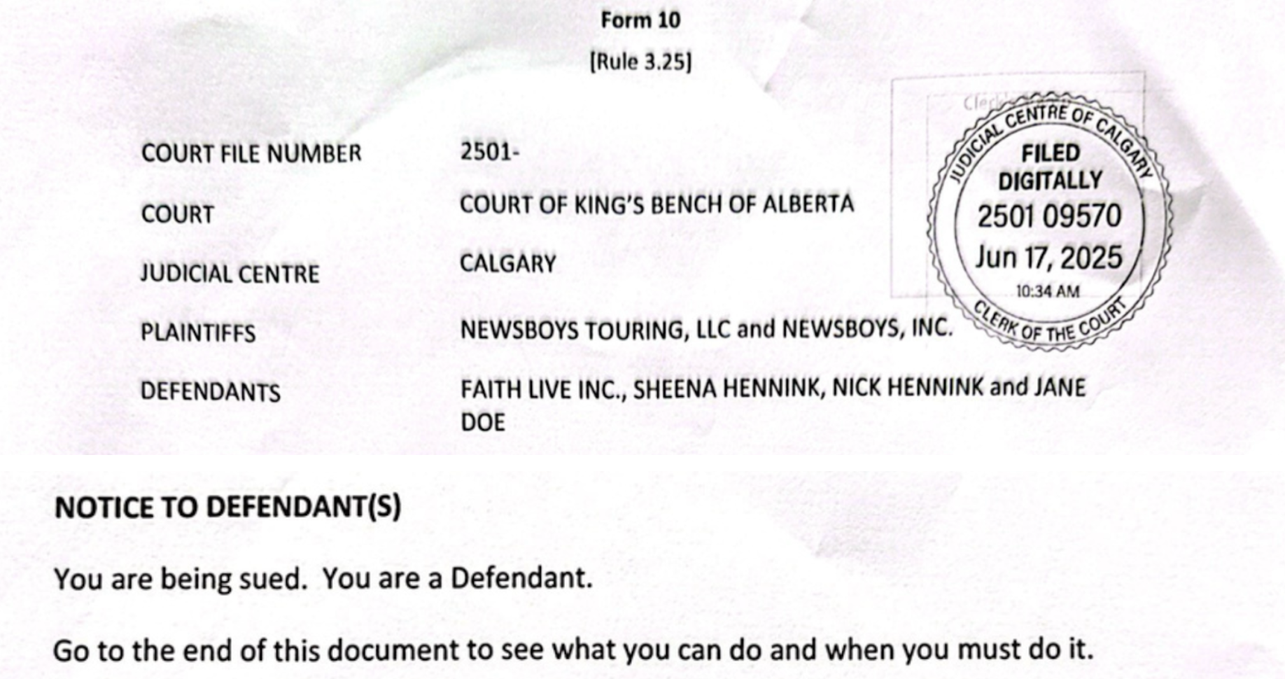 The first page of the lawsuit