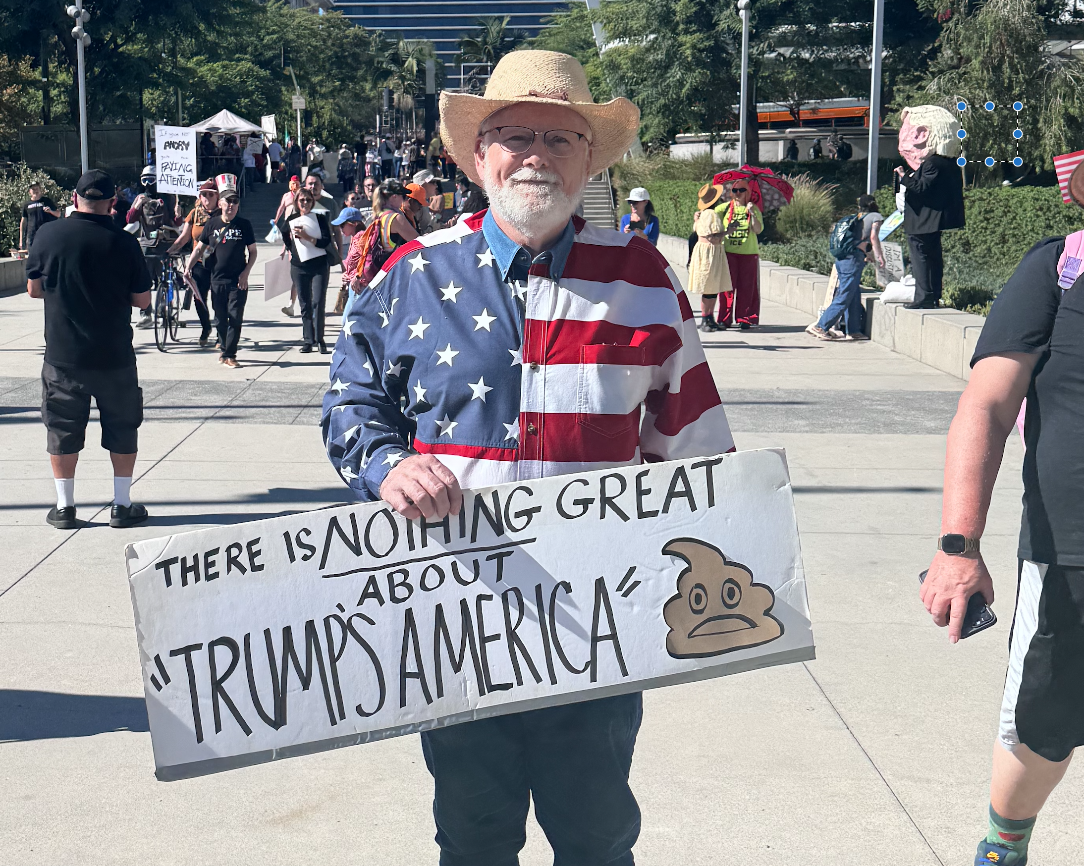 Gut with sign saying There is Nothing Great About Trump's America, with a poo illustration next to it.