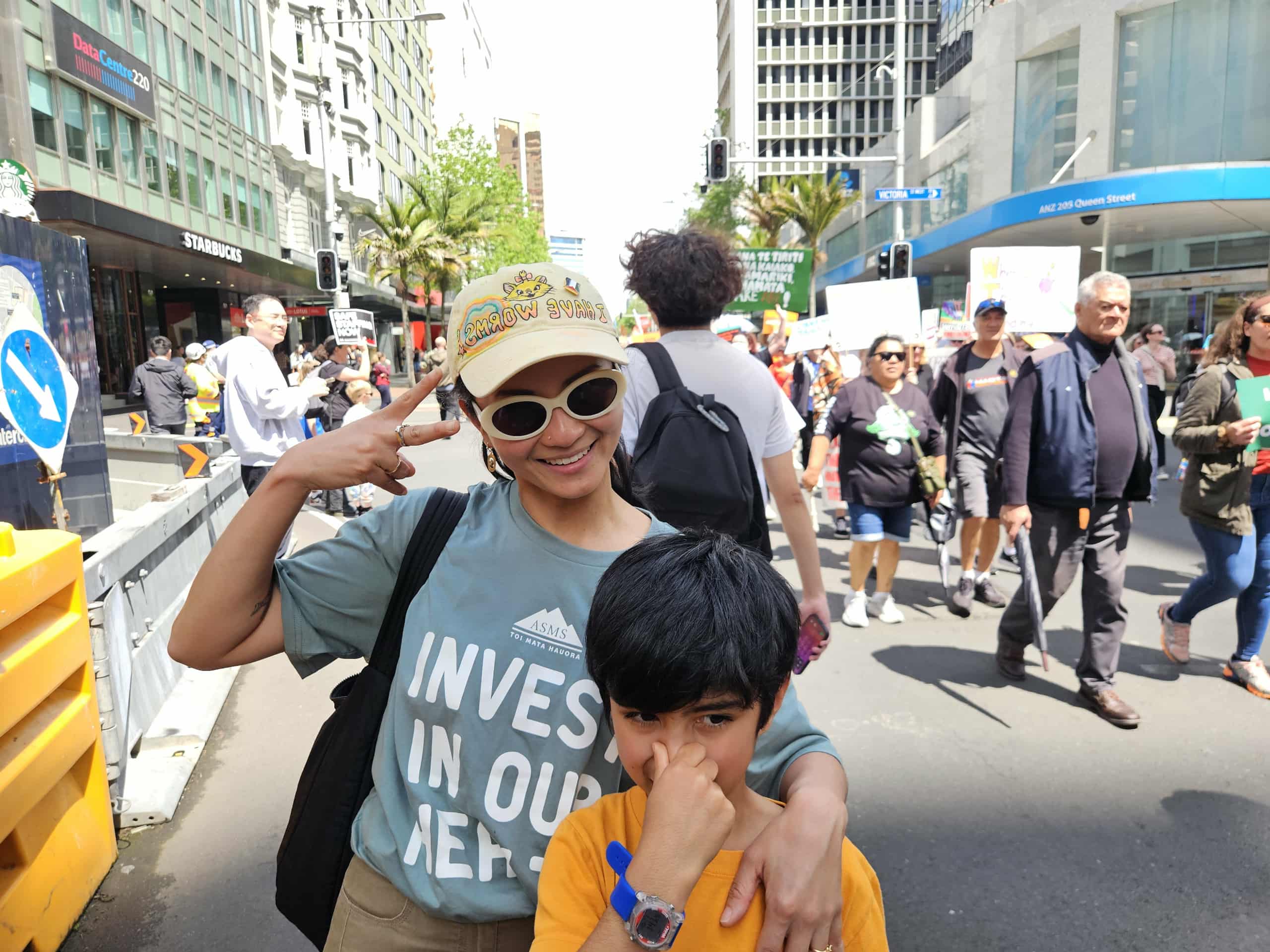 Carolyn with her cap at the march in Auckland
