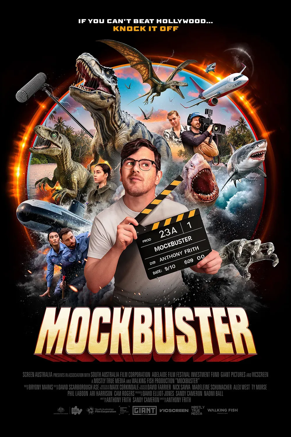 Mockbuster movie poster showing various things from the mockbuster universe - sharks, dinosaurs