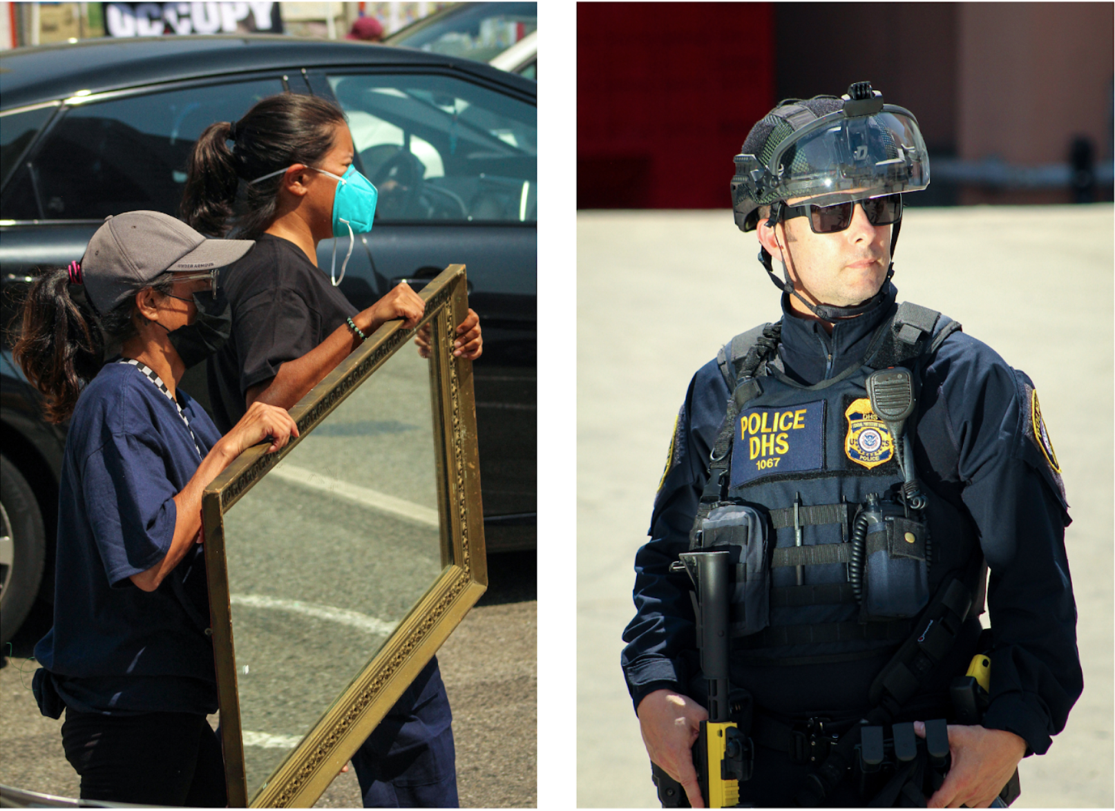 two photos - on left, woman with a horror. On right - cop with light shining in his face