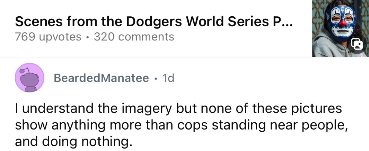 I understand the imagery but none of these pictures show anything more than cops standing near people and doing nothing